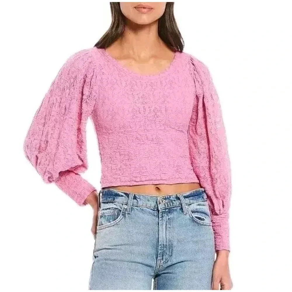 NWT Free People‎ Womens Tea Time Lace Puff Sleeve Blouse Open Back Pink Size XS
